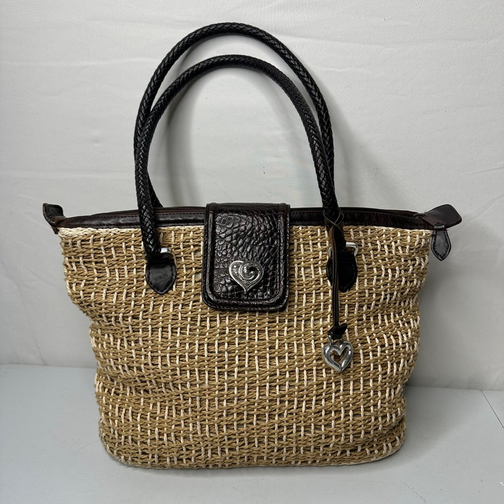Brighton Straw Tote Bag Brown Leather Croc Trim Woven Raffia Heart Charm Medium
